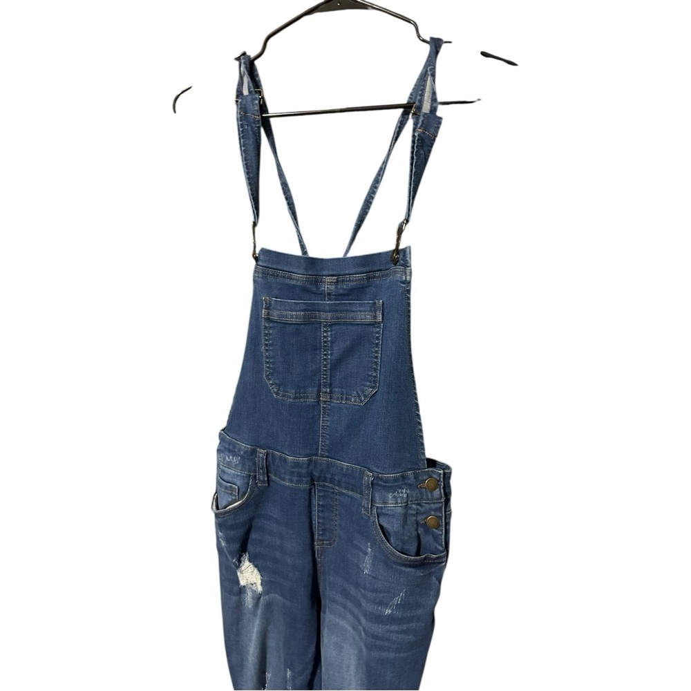 Wax Jean Distressed Denim Overalls Dark Wash Blue Size Large - Picture 3 of 5